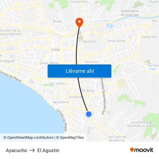 Ayacucho to El Agustin map