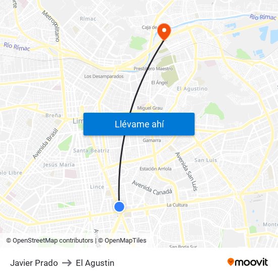 Javier Prado to El Agustin map