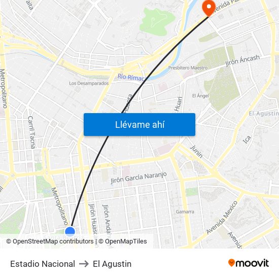 Estadio Nacional to El Agustin map