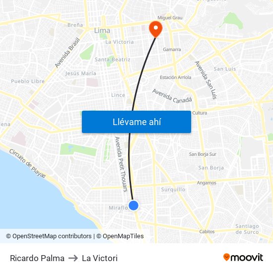 Ricardo Palma to La Victori map