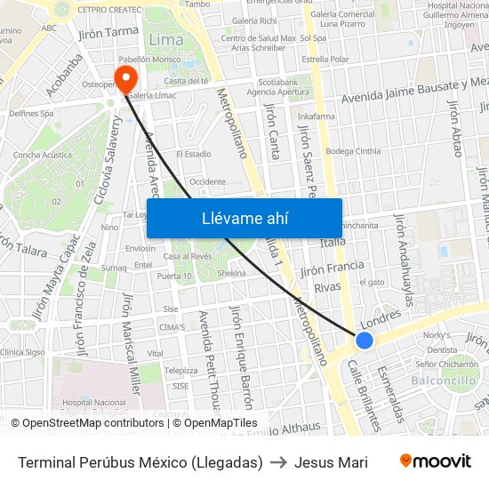 Terminal Perúbus México (Llegadas) to Jesus Mari map