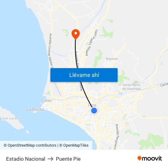 Estadio Nacional to Puente Pie map