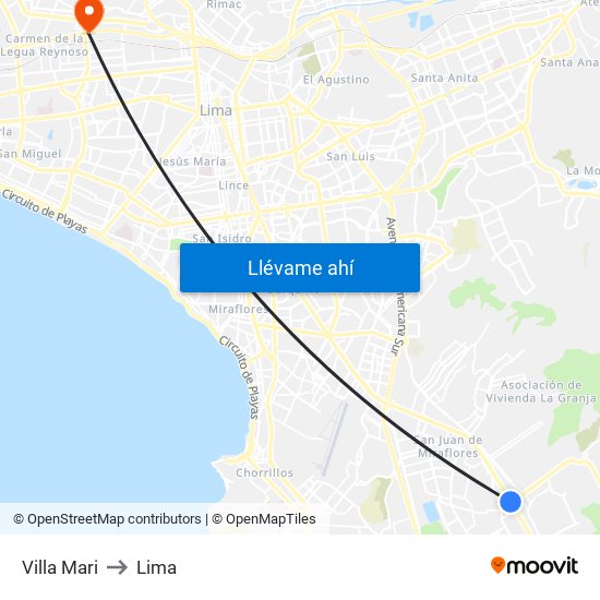 Villa Mari to Lima map