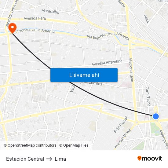 Estación Central to Lima map