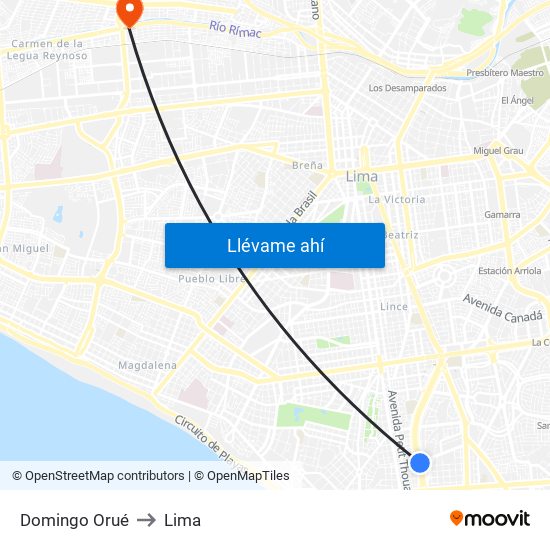 Domingo Orué to Lima map
