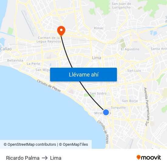 Ricardo Palma to Lima map