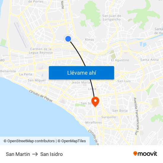 San Martin to San Isidro map