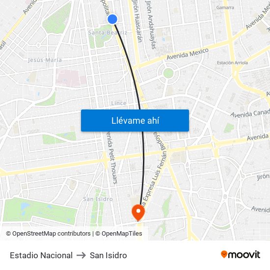 Estadio Nacional to San Isidro map