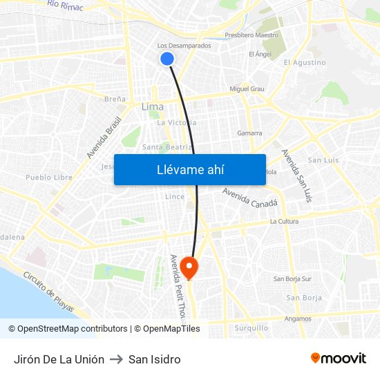 Jirón De La Unión to San Isidro map
