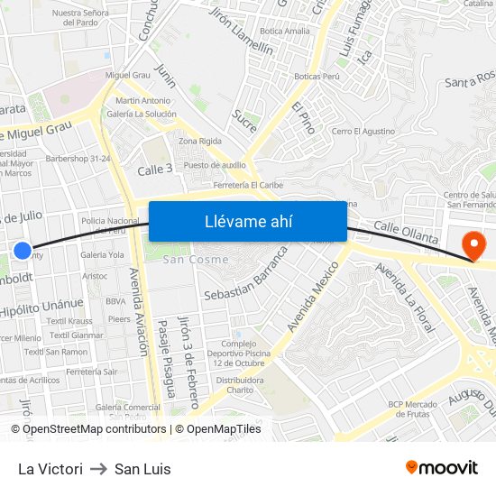 La Victori to San Luis map