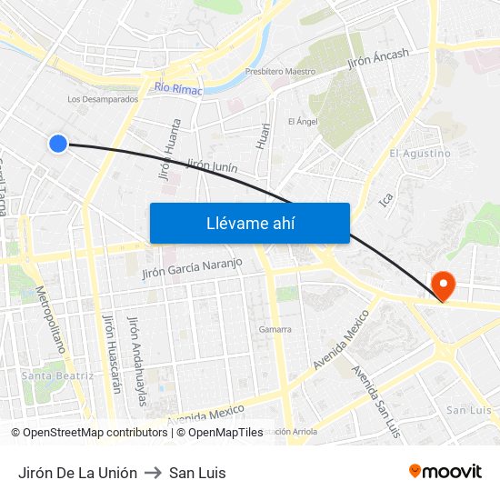 Jirón De La Unión to San Luis map