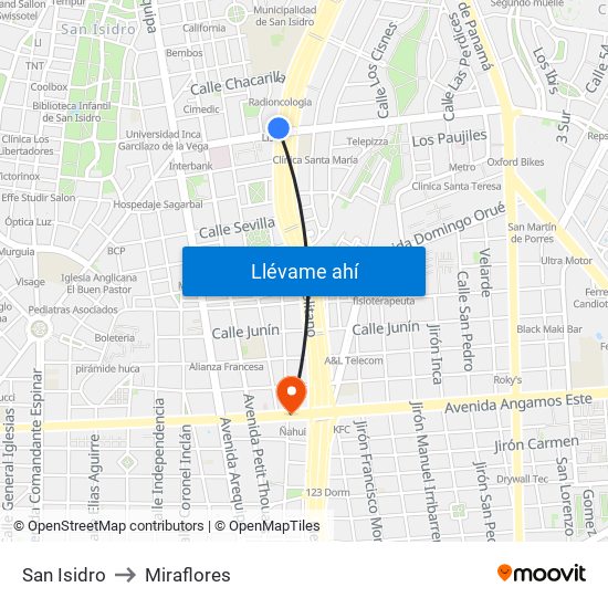 San Isidro to Miraflores map