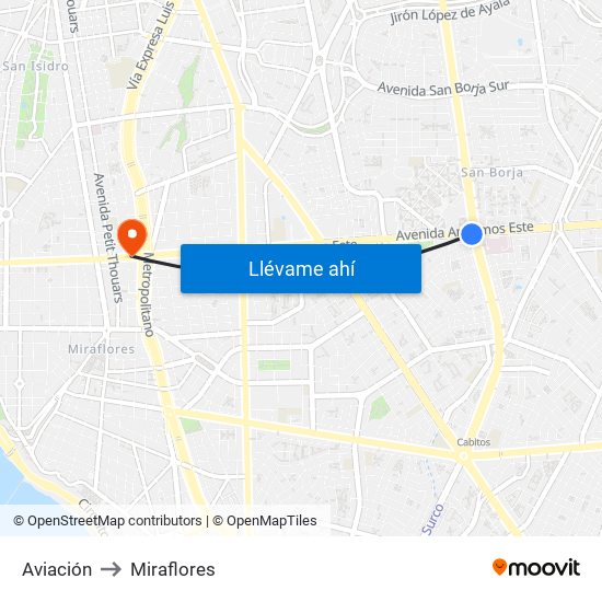 Aviación to Miraflores map