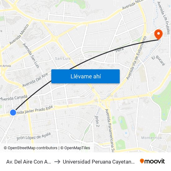 Av. Del Aire Con Av. Javier Prado to Universidad Peruana Cayetano Heredia Campus Este map