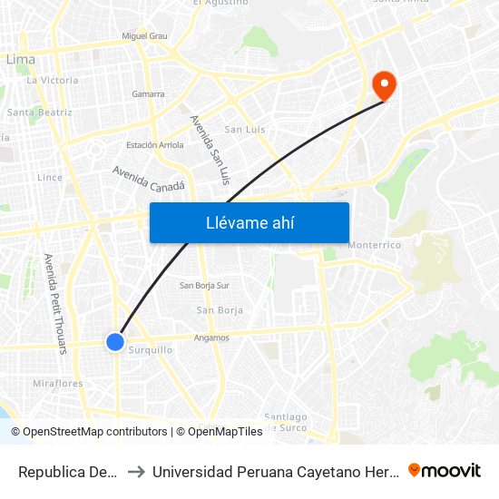 Republica De Panamá to Universidad Peruana Cayetano Heredia Campus Este map