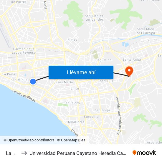 La Mar to Universidad Peruana Cayetano Heredia Campus Este map