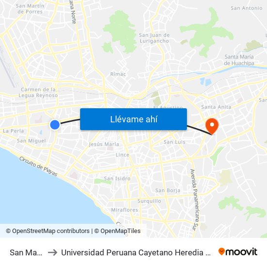 San Marcos to Universidad Peruana Cayetano Heredia Campus Este map