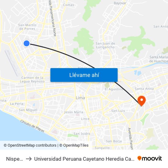 Nísperos to Universidad Peruana Cayetano Heredia Campus Este map