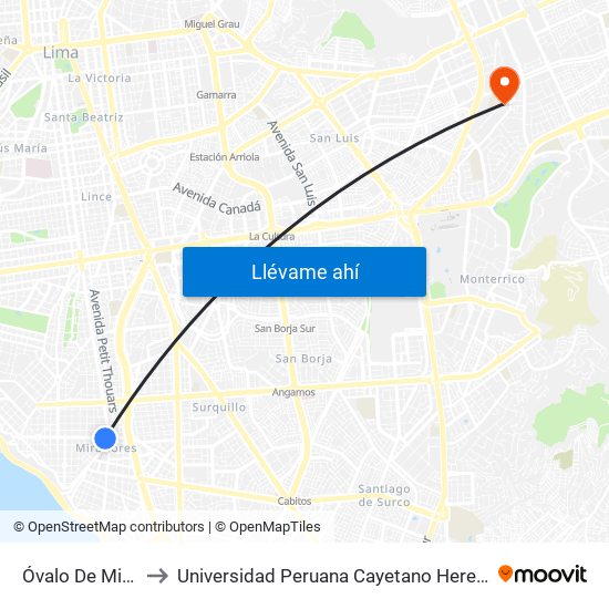 Óvalo De Miraflores to Universidad Peruana Cayetano Heredia Campus Este map