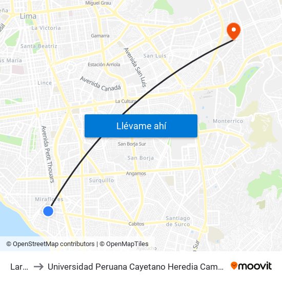 Larco to Universidad Peruana Cayetano Heredia Campus Este map