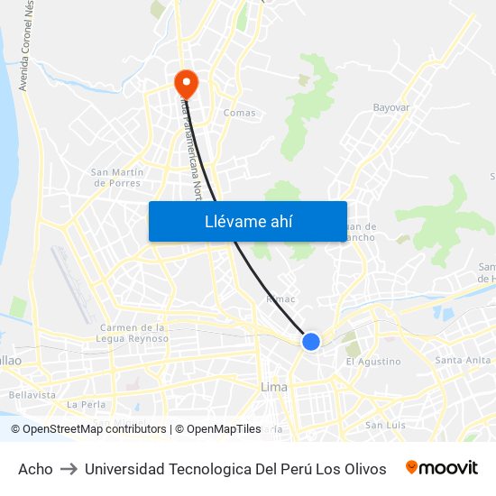 Acho to Universidad Tecnologica Del Perú Los Olivos map