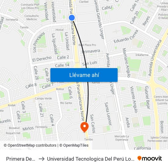 Primera De Pro to Universidad Tecnologica Del Perú Los Olivos map