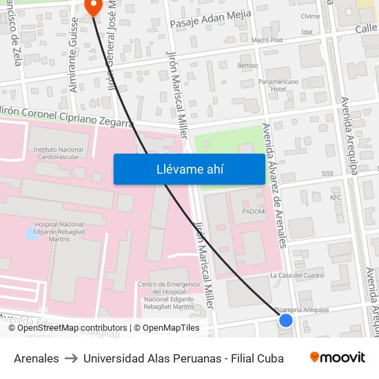 Arenales to Universidad Alas Peruanas - Filial Cuba map