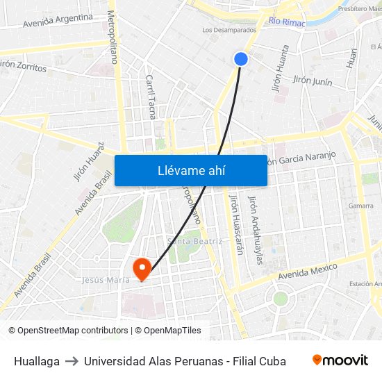 Huallaga to Universidad Alas Peruanas - Filial Cuba map