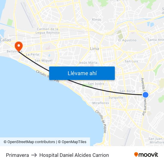 Primavera to Hospital Daniel Alcides Carrion map