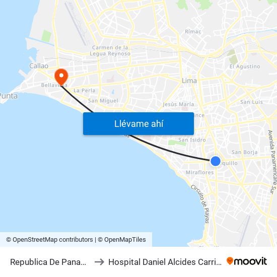 Republica De Panamá to Hospital Daniel Alcides Carrion map
