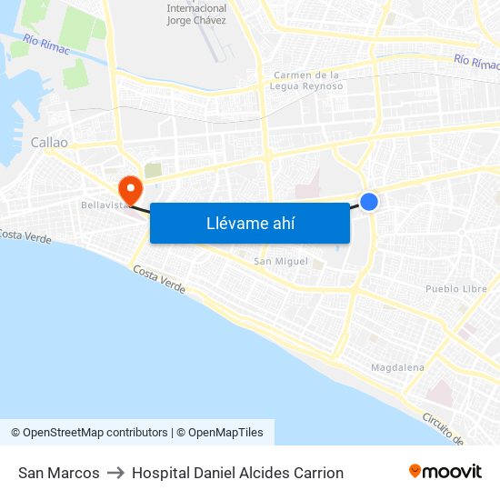 San Marcos to Hospital Daniel Alcides Carrion map