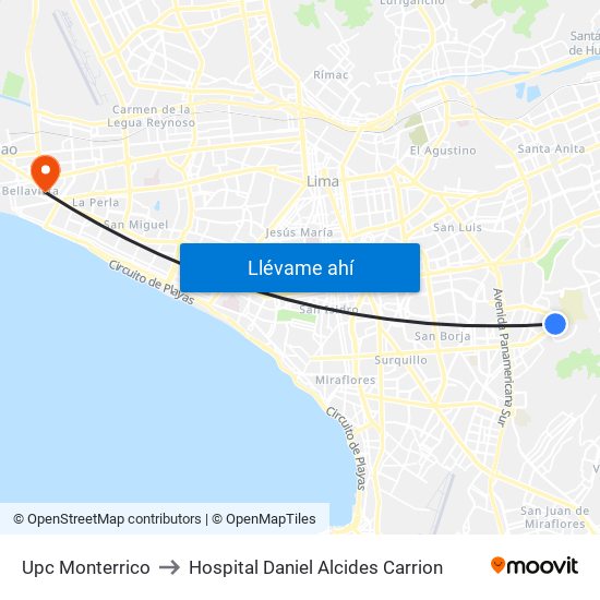 Upc Monterrico to Hospital Daniel Alcides Carrion map