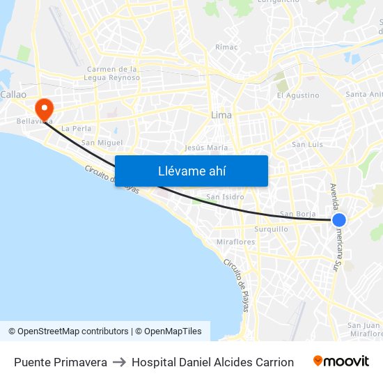 Puente Primavera to Hospital Daniel Alcides Carrion map