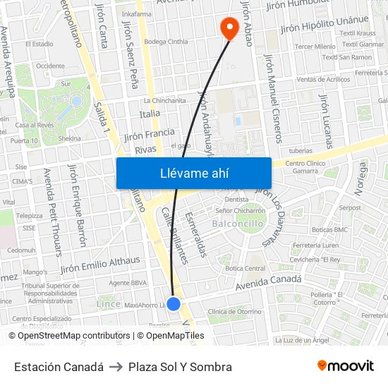 Estación Canadá to Plaza Sol Y Sombra map