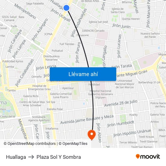 Huallaga to Plaza Sol Y Sombra map