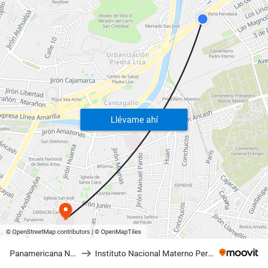 Panamericana Norte to Instituto Nacional Materno Perinatal map