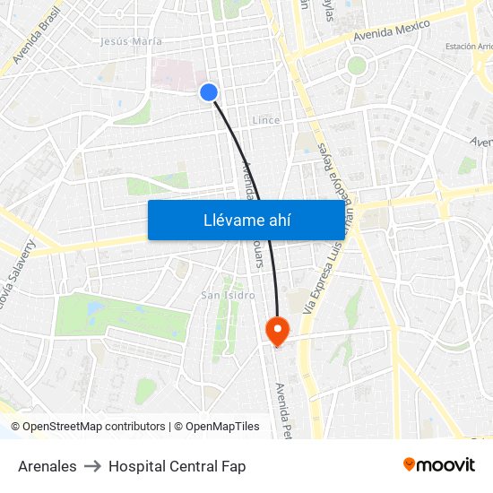 Arenales to Hospital Central Fap map
