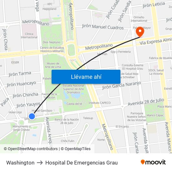 Washington to Hospital De Emergencias Grau map