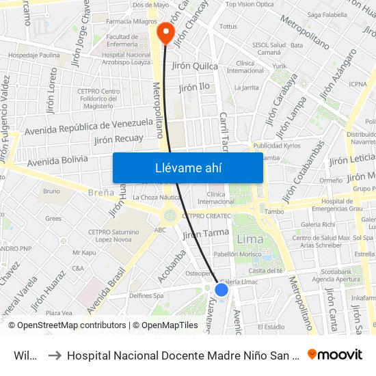 Wilson to Hospital Nacional Docente Madre Niño San Bartolome map