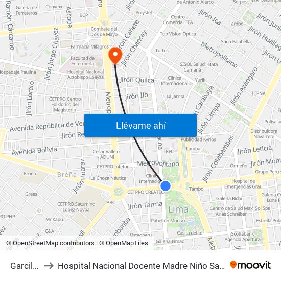 Garcilaso to Hospital Nacional Docente Madre Niño San Bartolome map