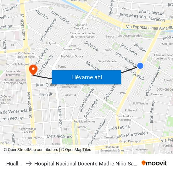 Huallaga to Hospital Nacional Docente Madre Niño San Bartolome map