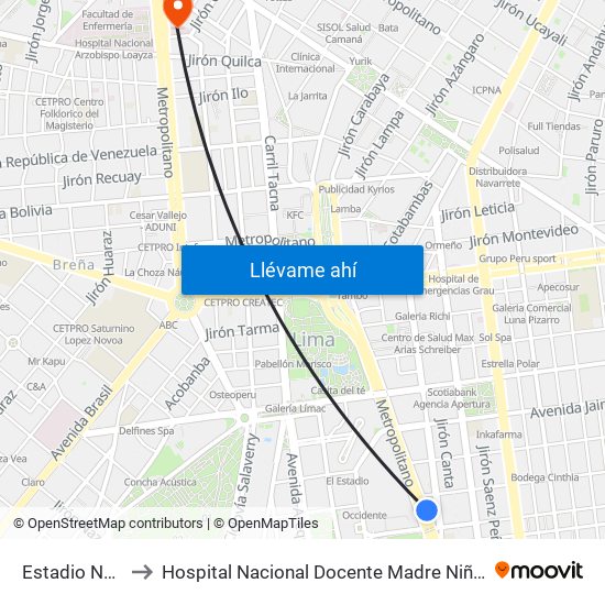 Estadio Nacional to Hospital Nacional Docente Madre Niño San Bartolome map