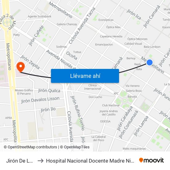 Jirón De La Unión to Hospital Nacional Docente Madre Niño San Bartolome map