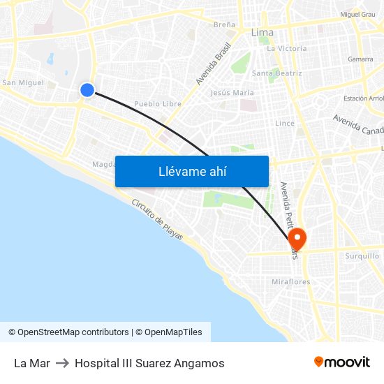 La Mar to Hospital III Suarez Angamos map
