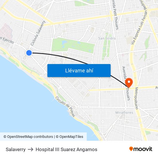 Salaverry to Hospital III Suarez Angamos map