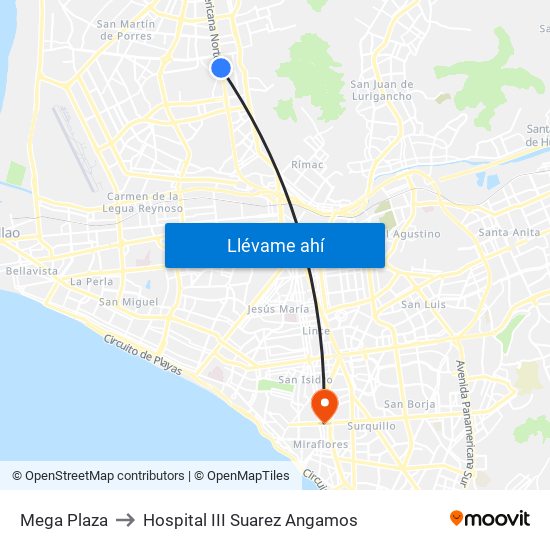 Mega Plaza to Hospital III Suarez Angamos map