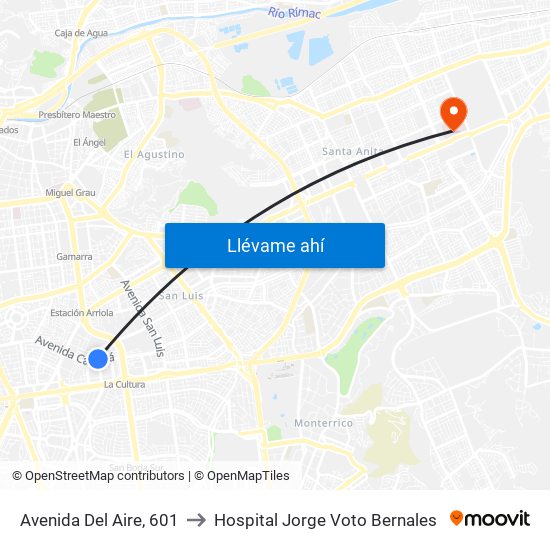 Avenida Del Aire, 601 to Hospital Jorge Voto Bernales map