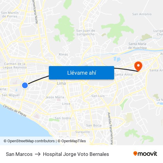 San Marcos to Hospital Jorge Voto Bernales map