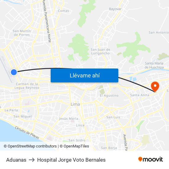 Aduanas to Hospital Jorge Voto Bernales map