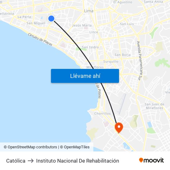 Católica to Instituto Nacional De Rehabilitación map